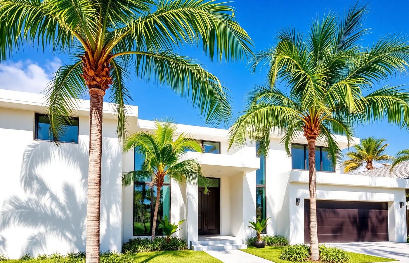 Modern white Miami home with palm trees